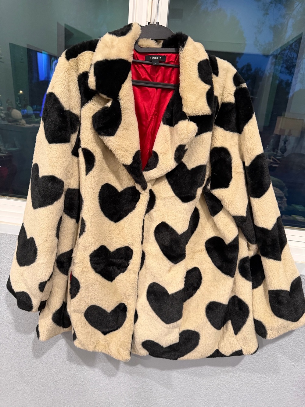 torrid Black & Cream Heart Faux Fur Coat with Red Lining